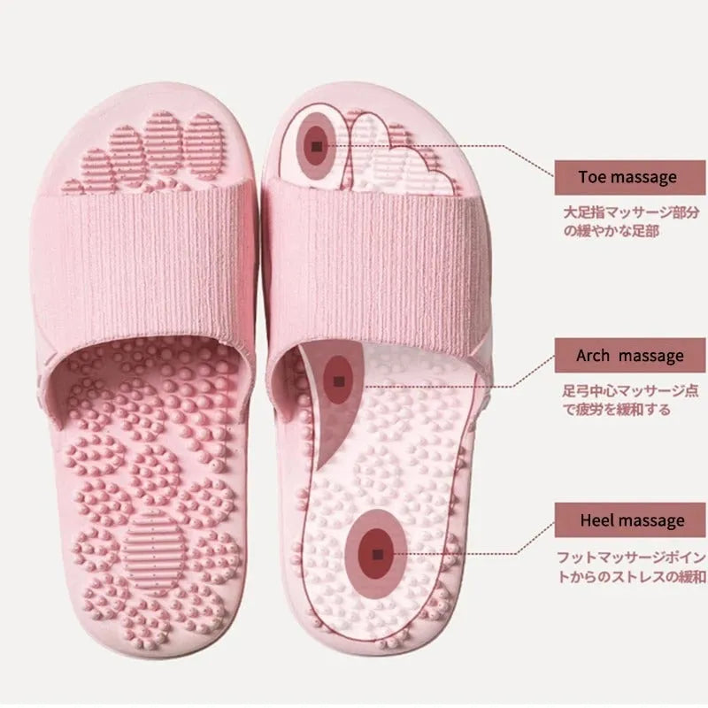 Reflexology acupressure slippers in EVA material with 3D massage particles, available in blue, grey, light blue, pink, purple