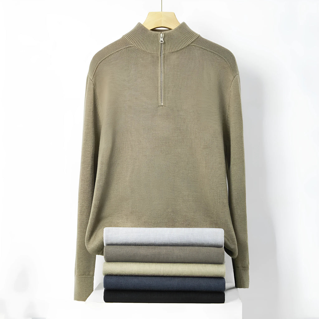 Men's slim-fit wool pullover sweater in a stone sand colour, showing long sleeves and casual design.