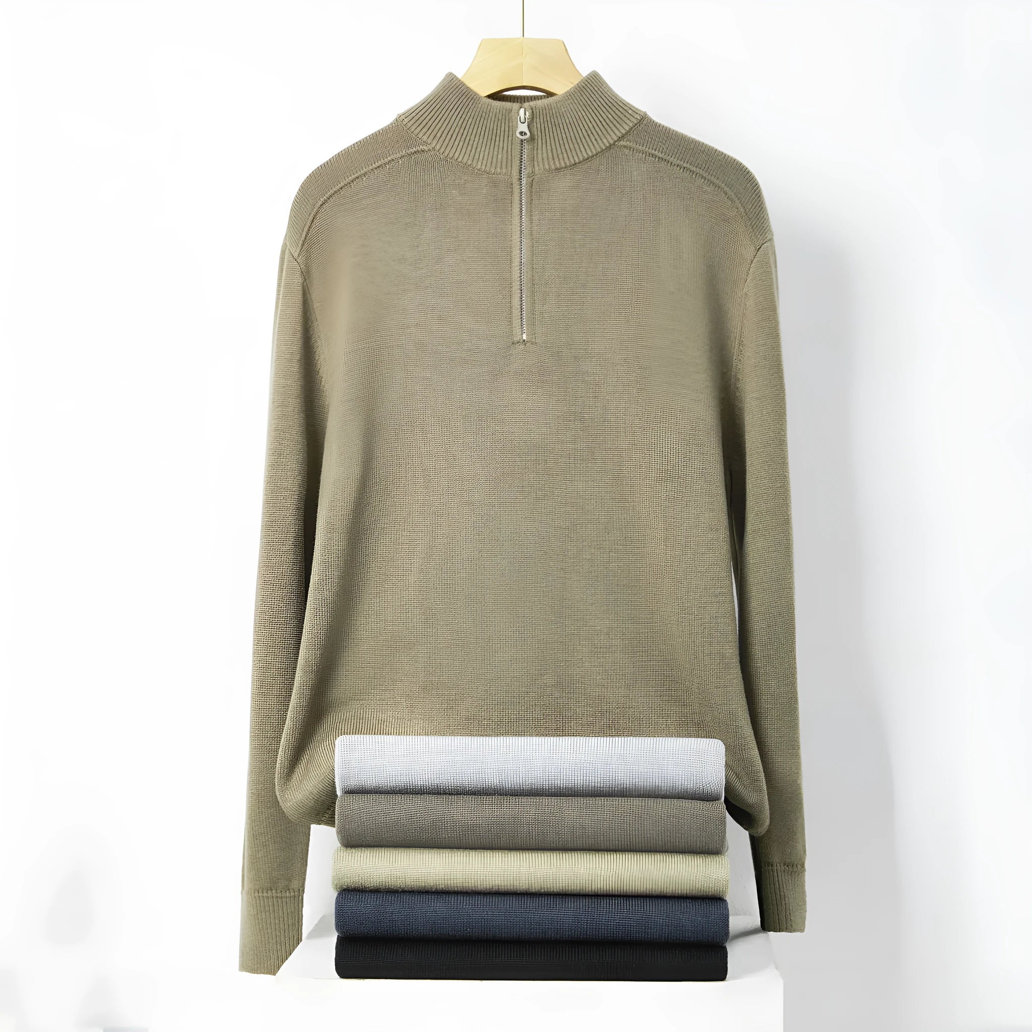 Men's slim-fit wool pullover sweater in a stone sand colour, showing long sleeves and casual design.