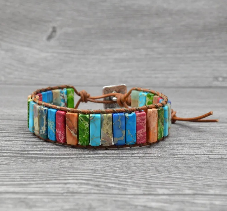 Hand-woven leather bracelet with geometric agate stone, ethnic style, 17cm adjustable knot