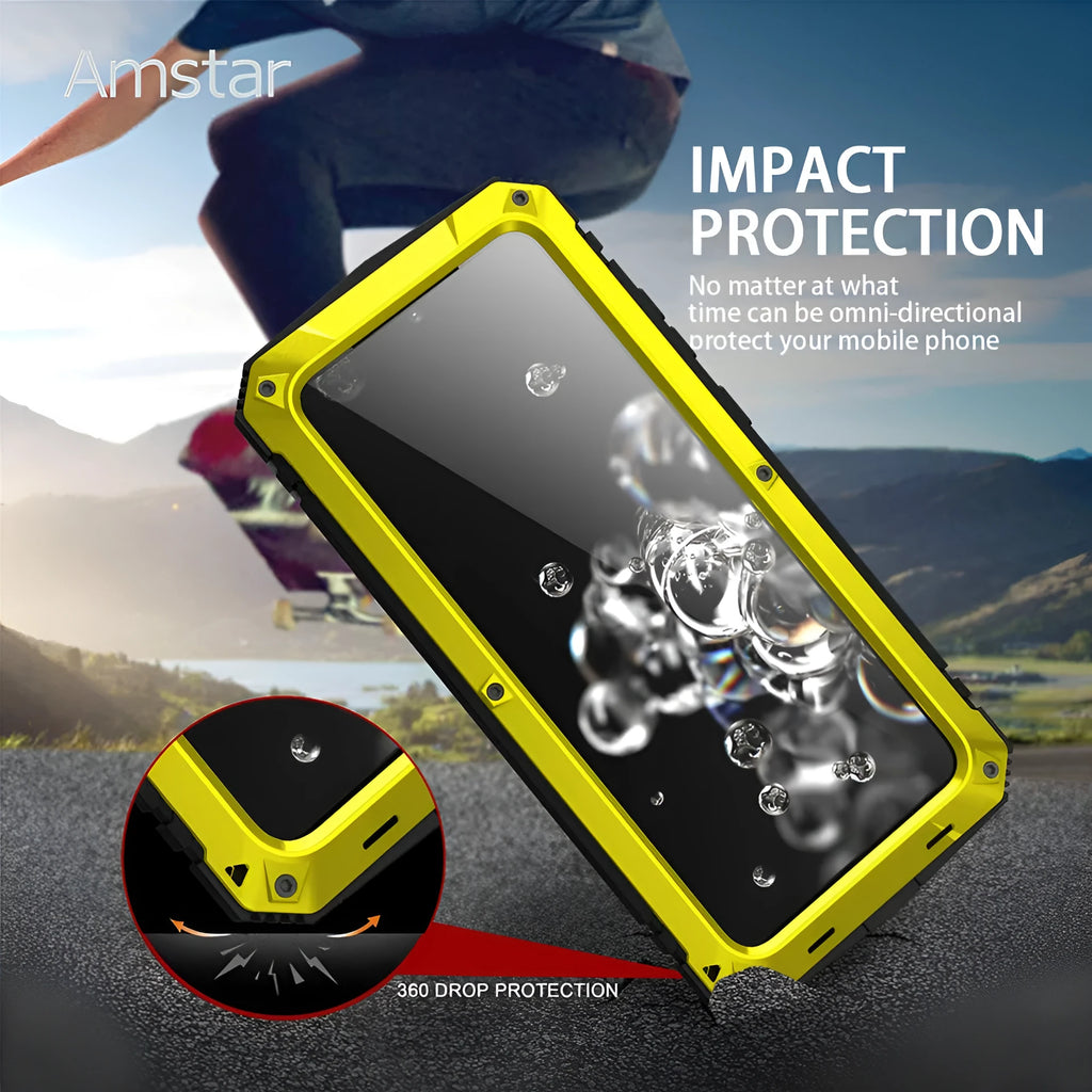 Waterproof protective cover for Samsung S20 Plus, metal and silicone construction, solid colour yellow, red, black, or silver