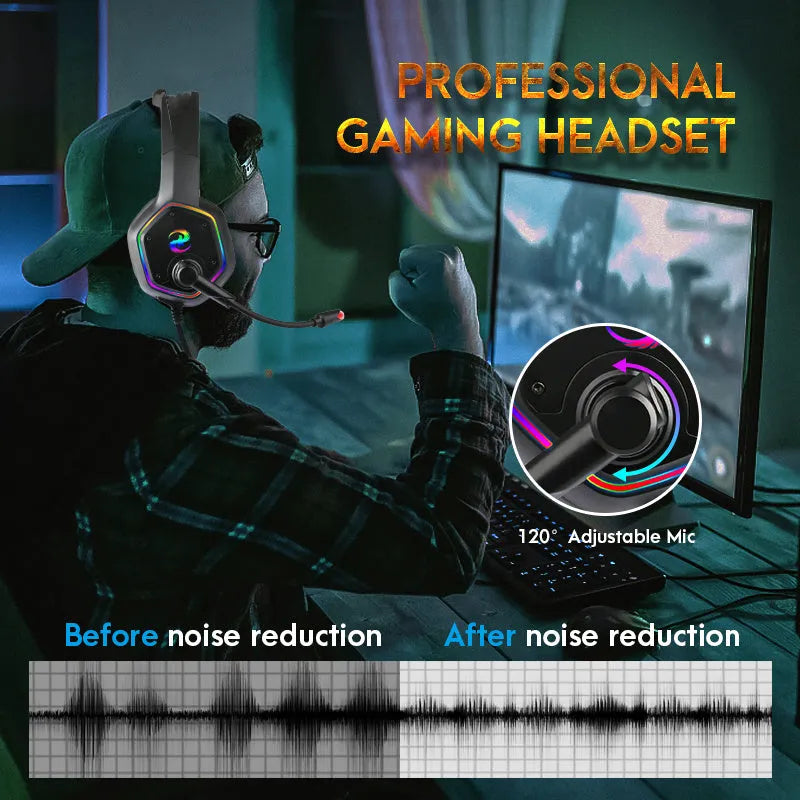 Black wired RGB gaming headset with 3.5mm straight plug, microphone, and head-mounted design