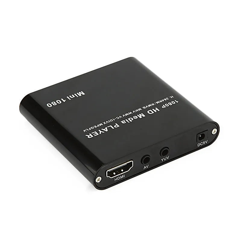 Blue or black 1080p HD media player with SD card and USB ports for video playback