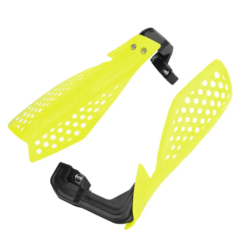 Plastic motorcycle hand guards in black and orange for universal handlebar fit