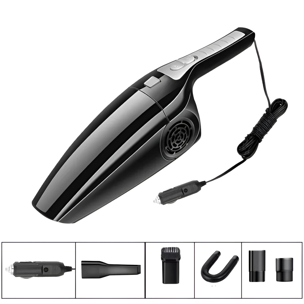 Black and orange Hypa car vacuum cleaner with cigarette lighter plug, shown next to a car seat.