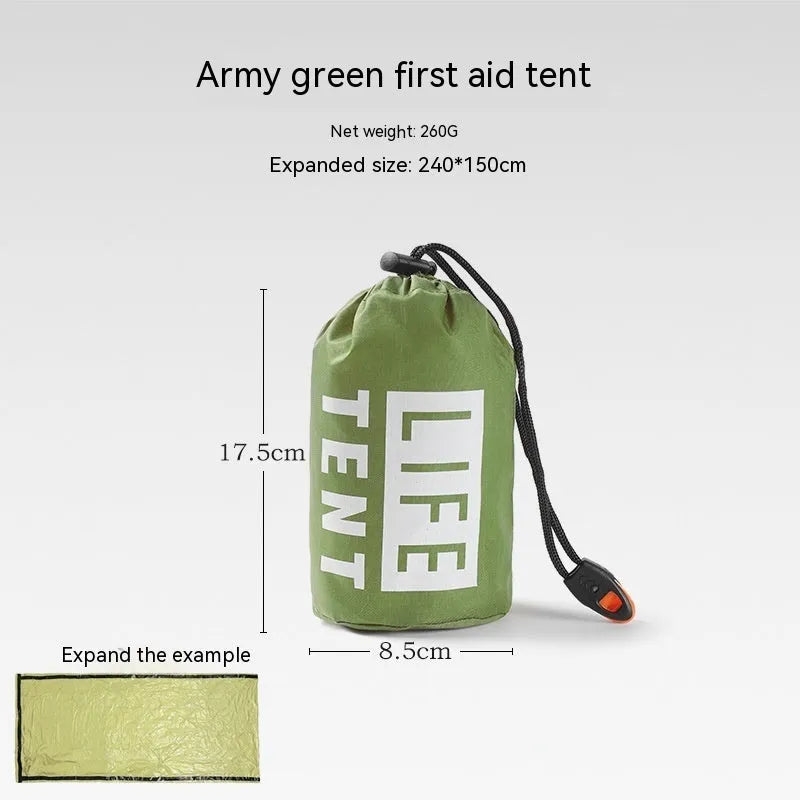 Orange emergency tent with sleeping bag and raincoat for disaster relief camping