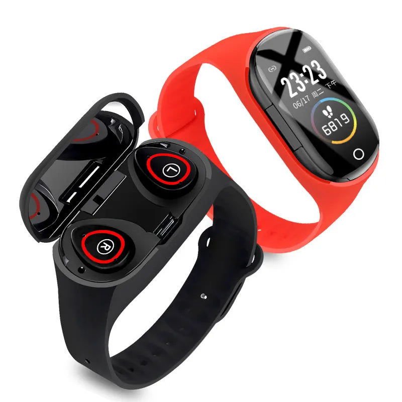 Blue silicone smart bracelet earphone combo wearable with a 1-inch screen on a wrist.