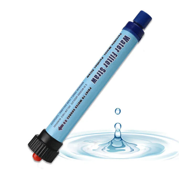 Blue outdoor water purification straw with polyiodic resin for safe drinking water in the wild