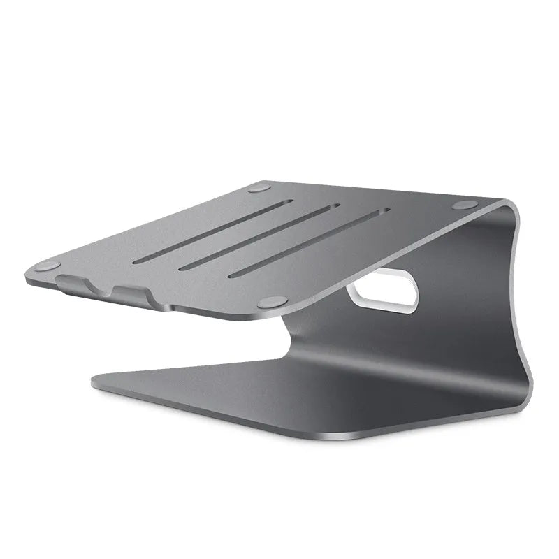 Silver aluminium laptop cooling stand with rotary base, 4.07mm thick, on a wooden desk.