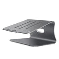 Silver aluminium laptop cooling stand with rotary base, 4.07mm thick, on a wooden desk.