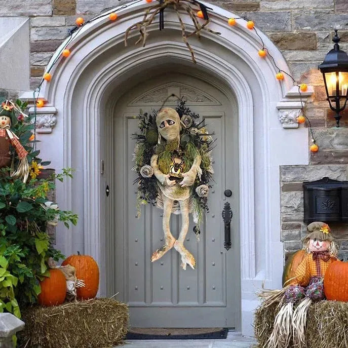 Mummy Halloween wreath with skeleton hands on a door, three dimensional plastic 46cm
