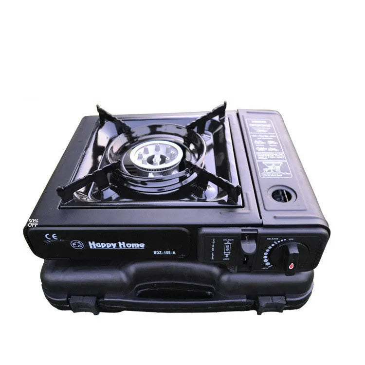 Black portable cassette stove 340x280x115mm with electronic ignition for camping, BBQ and hot pot cooking