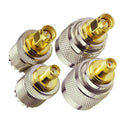 Four-piece UHF male PL259 and SO239 to SMA female coaxial adapter set for radio frequency use