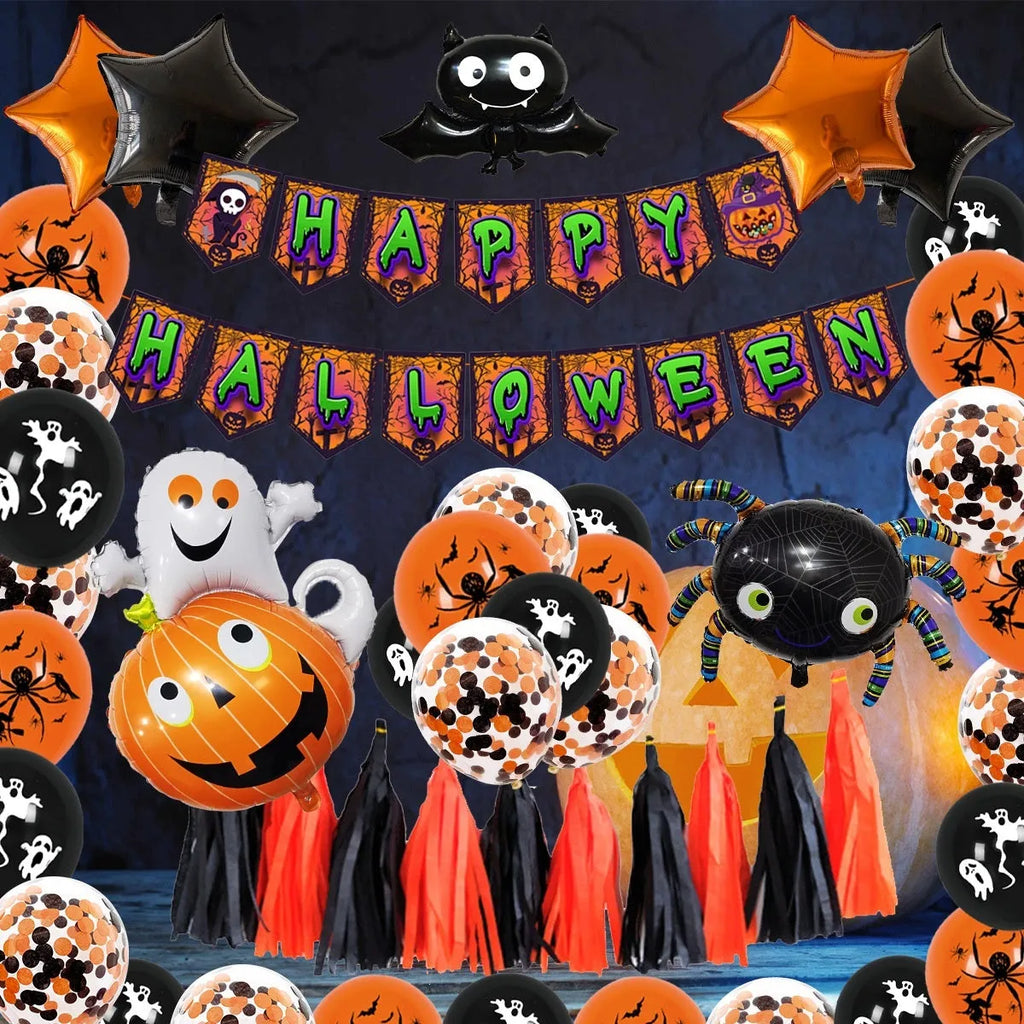 Black and white Halloween balloon arch with spider web, skull, and pumpkin designs