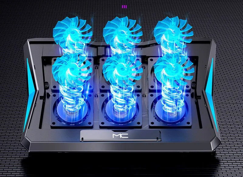 Black foldable laptop cooling base with metal mesh surface and six fans on a desk
