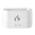White flame aroma diffuser with 230ml tank, USB cable, on a wooden table, showing mist and flame effect