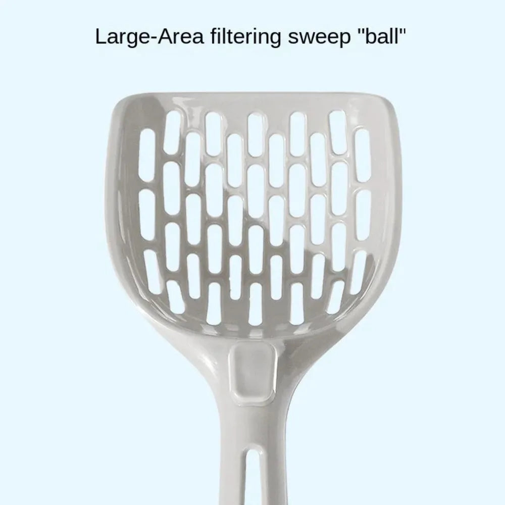 Grey plastic cat litter scoop resting in its matching plastic storage base
