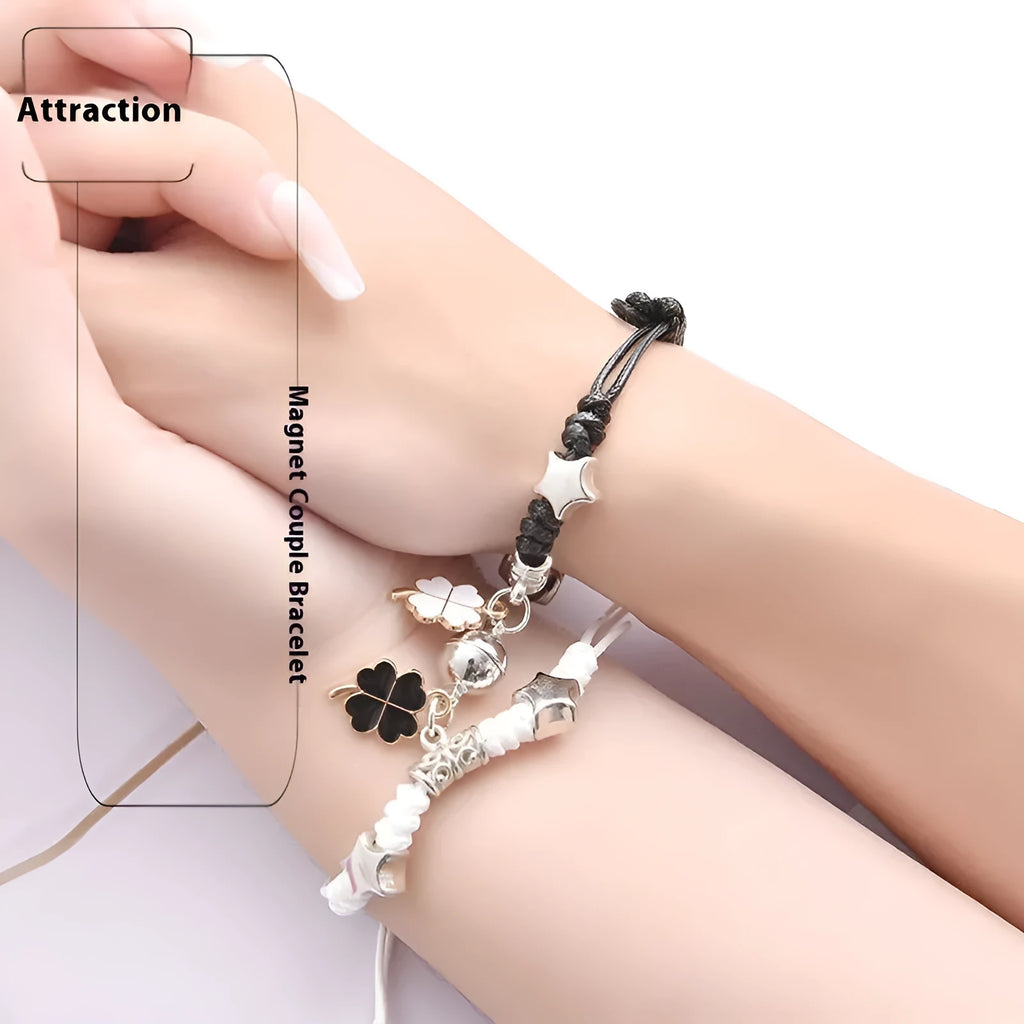 Magnetic couple bracelet pair in alloy with electroplated finish showing I love you design and crown style options