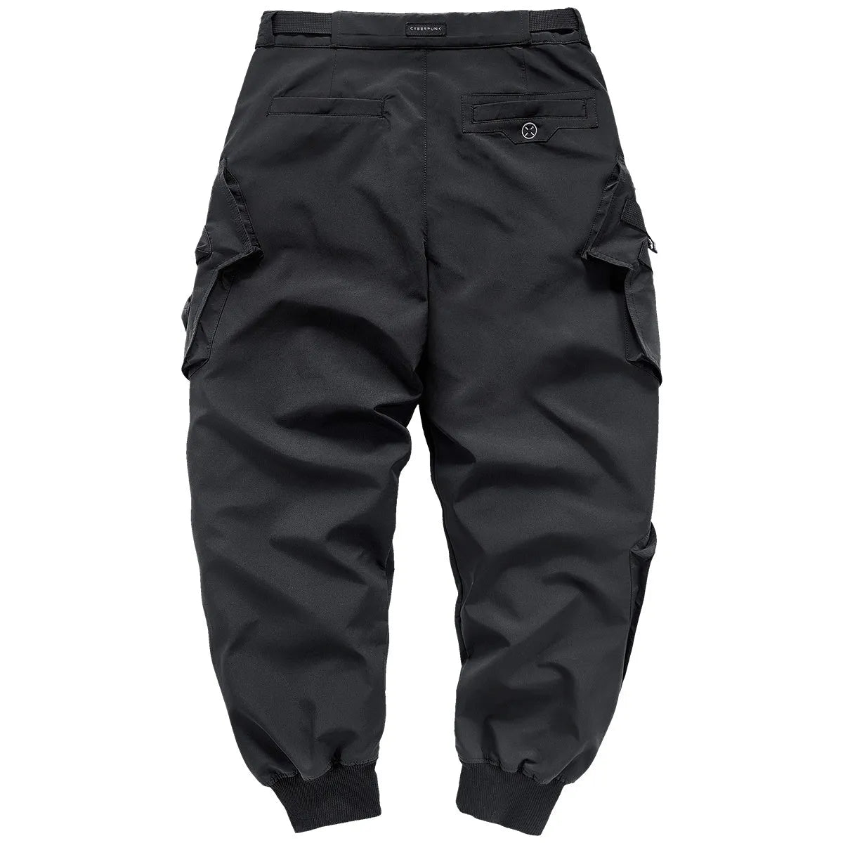 Black men's multi pocket parachute trousers, loose fit mid waist, 100% polyester wrinkle resistant, sizes M to 4XL