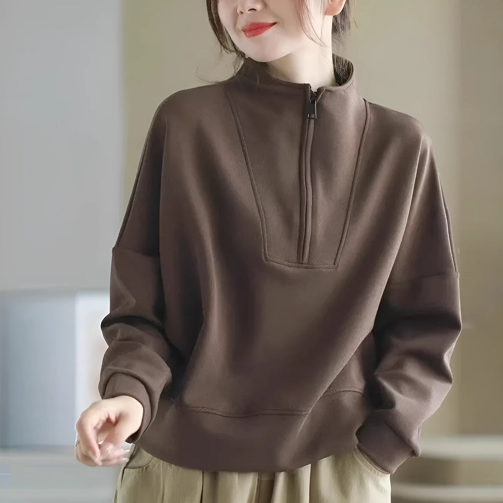 Plus size long sleeve short top in brown Dralon fabric with NORNS girl pattern, sizes M to 5XL