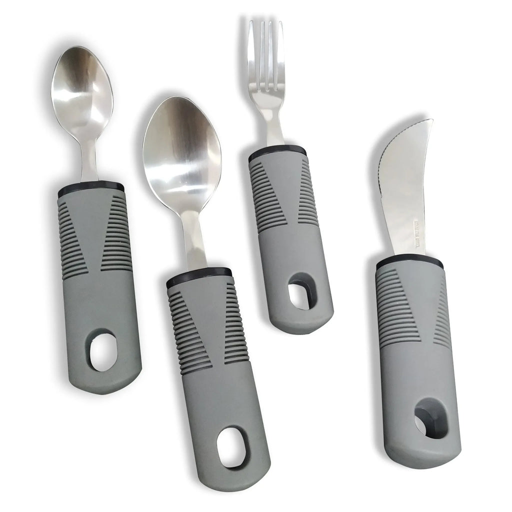Stainless steel adaptive spoons with black rubber anti-shake handles, part of a rehabilitation cutlery set.