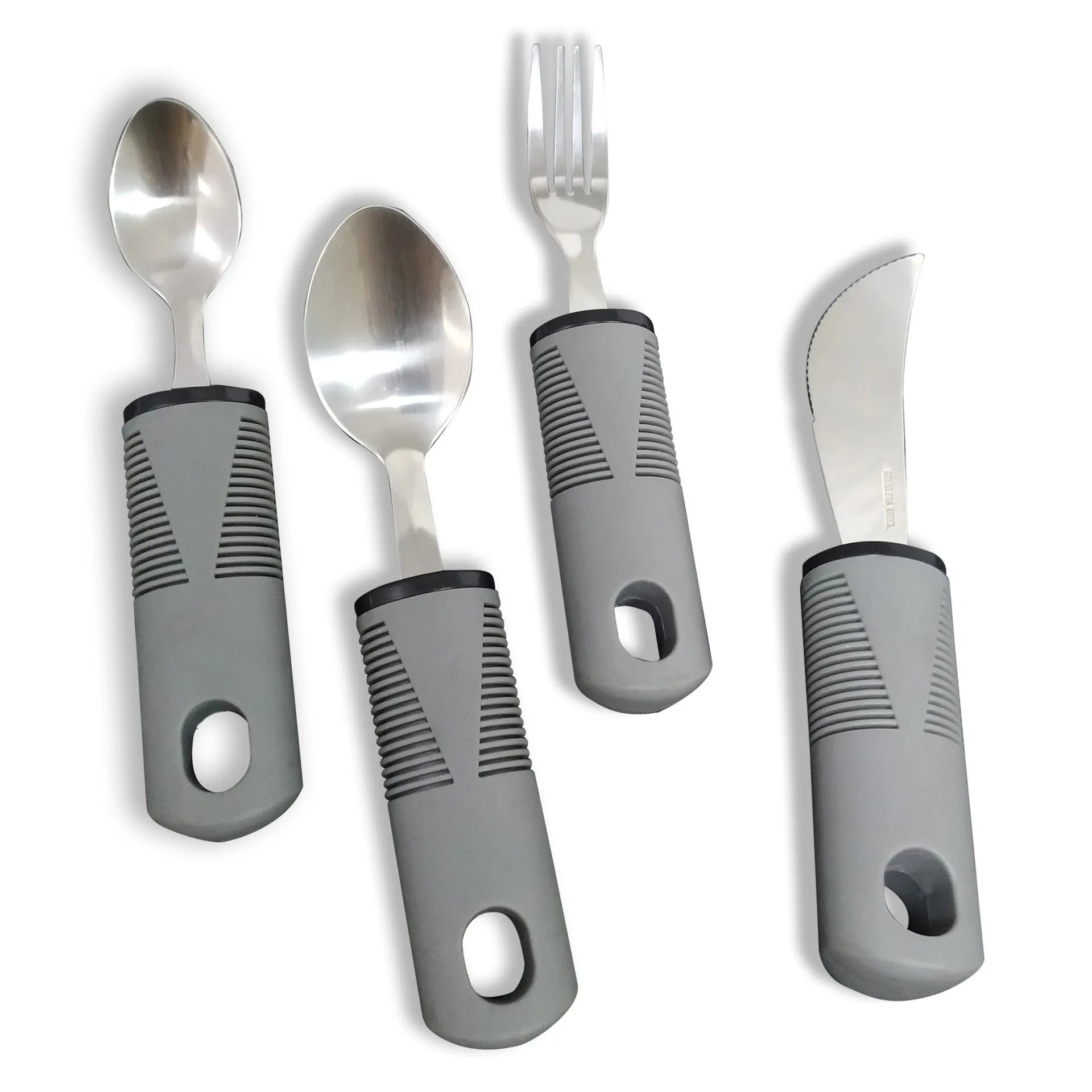 Stainless steel adaptive spoons with black rubber anti-shake handles, part of a rehabilitation cutlery set.