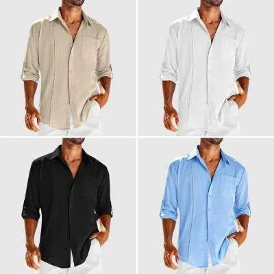 Men's grey long sleeve button-up shirt with lace detail on collar and a chest pocket.