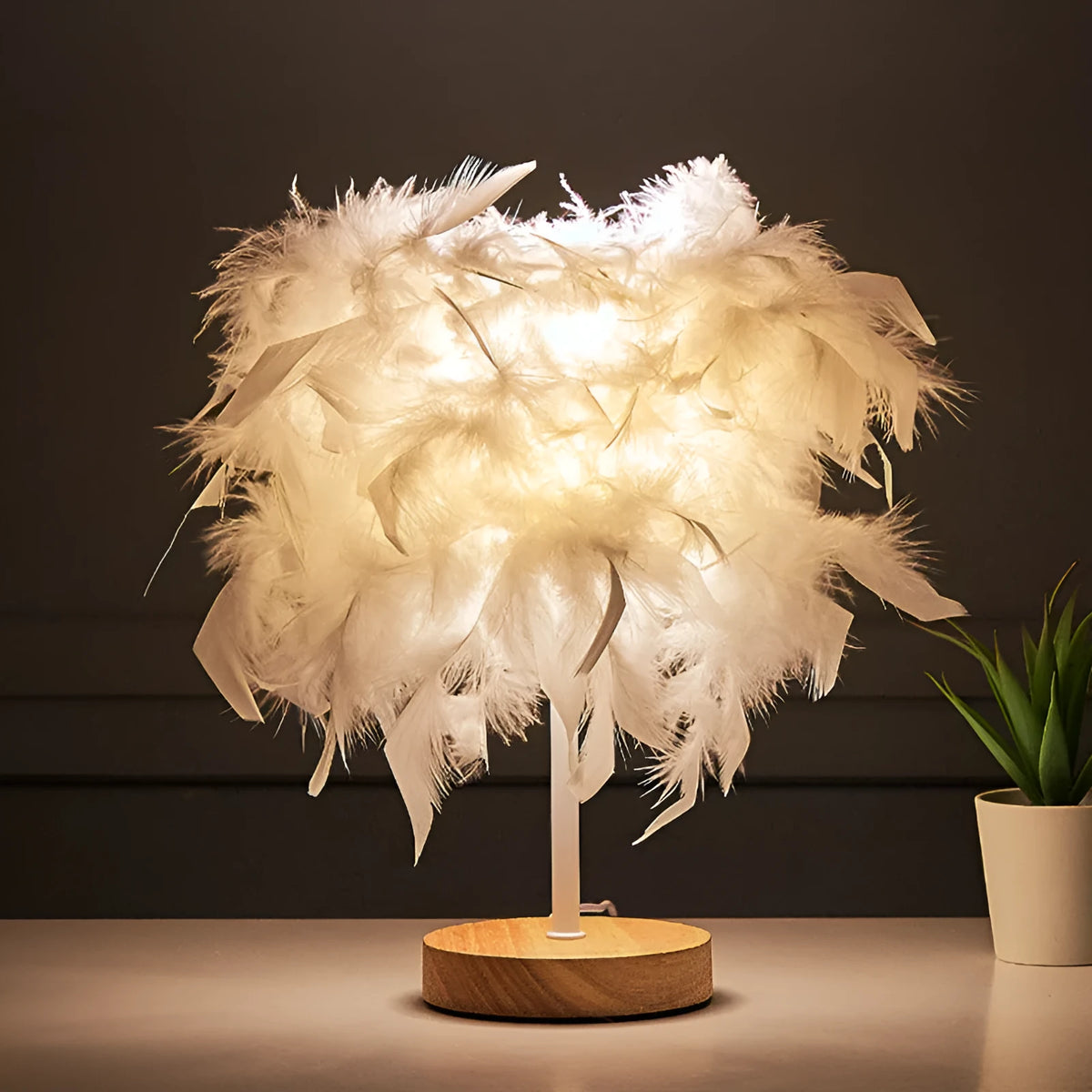 LED feather table lamp with wooden art base, USB cable, and about 26cm by 100mm size