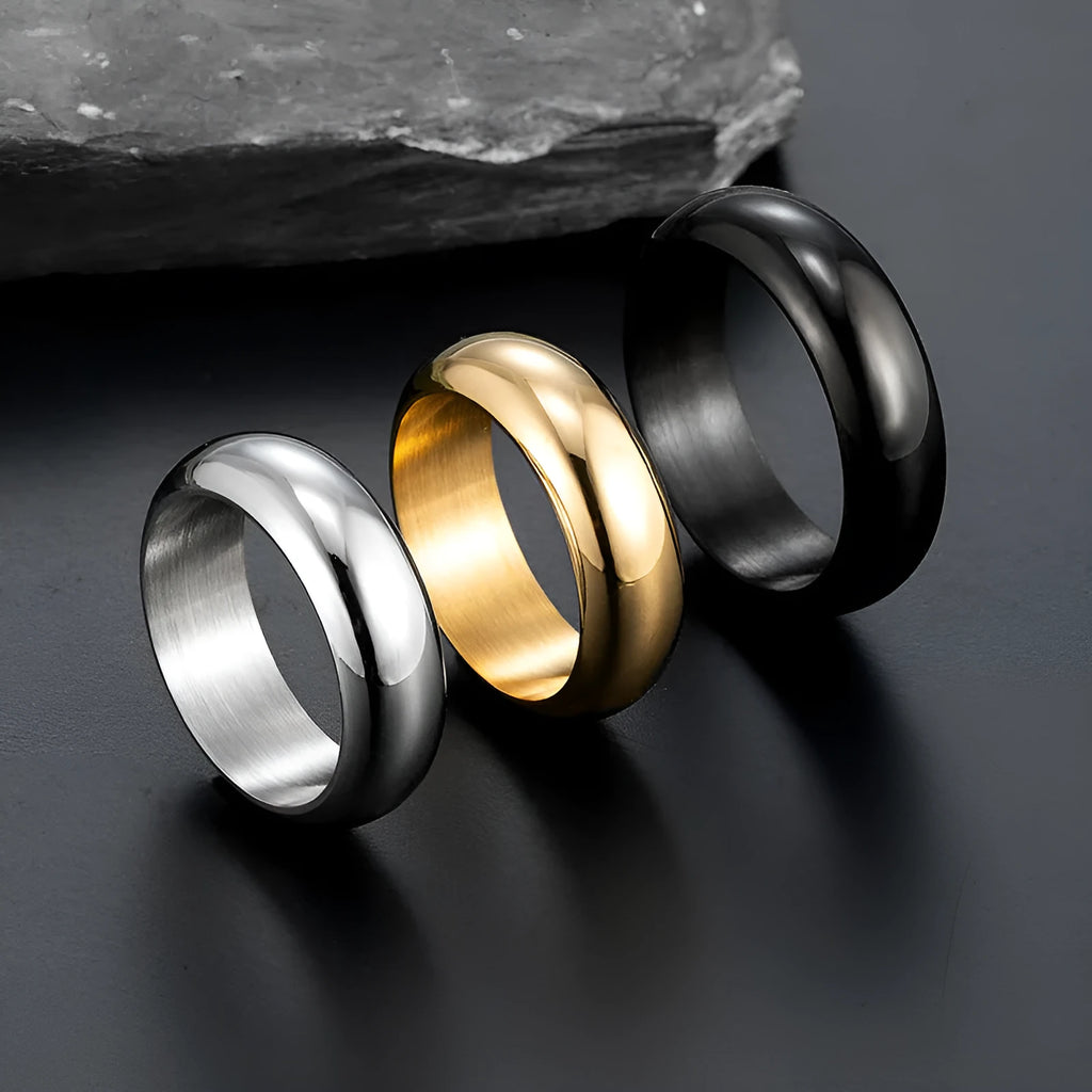 Glossy electroplated titanium steel personality ring in gold, black, or steel colour on size display