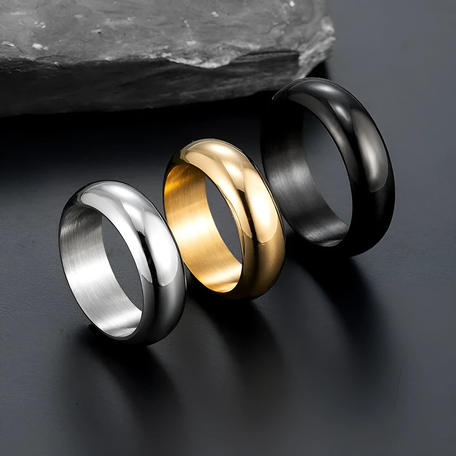 Glossy electroplated titanium steel personality ring in gold, black, or steel colour on size display