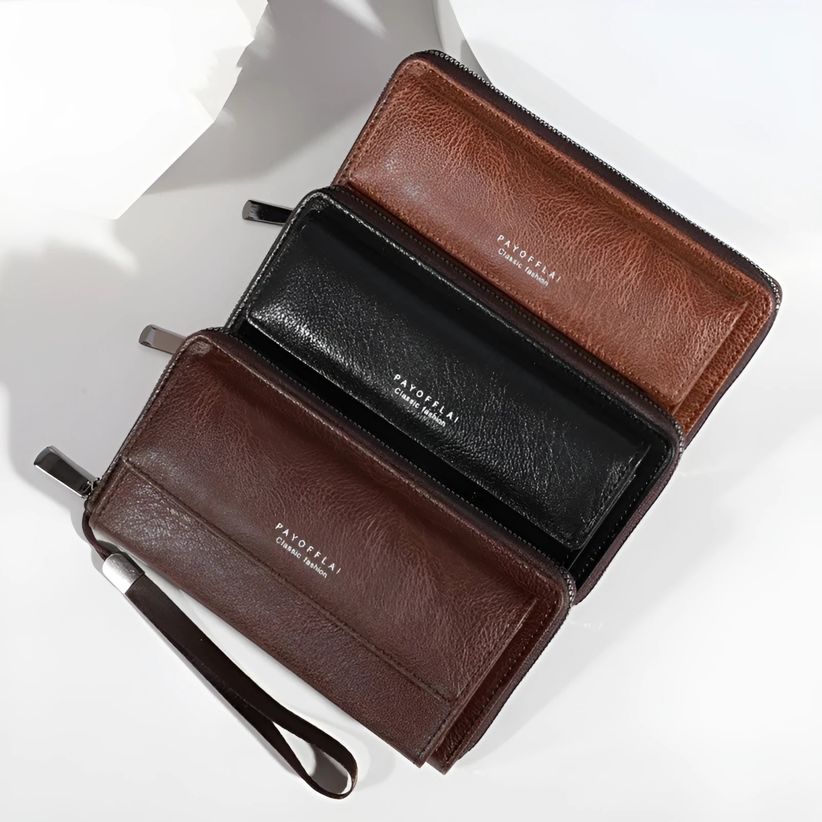 Men's black PU leather wallet with multiple card slots, shown open to display interior.