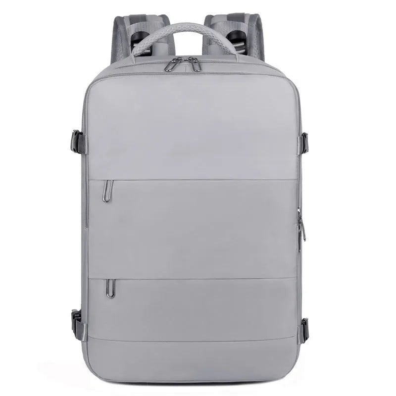 Large purple travel backpack with multiple compartments and air pillow belt system