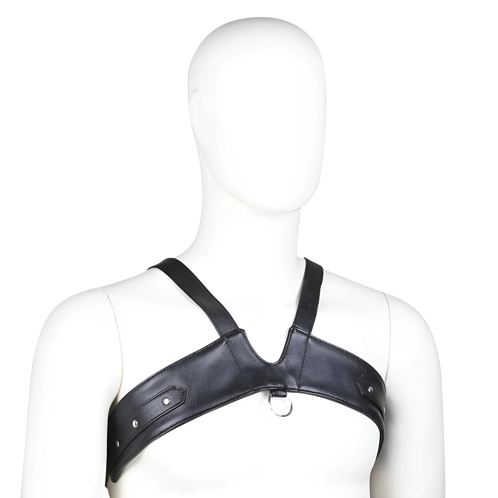 Men's black leather adjustable chest strap for intimate wear
