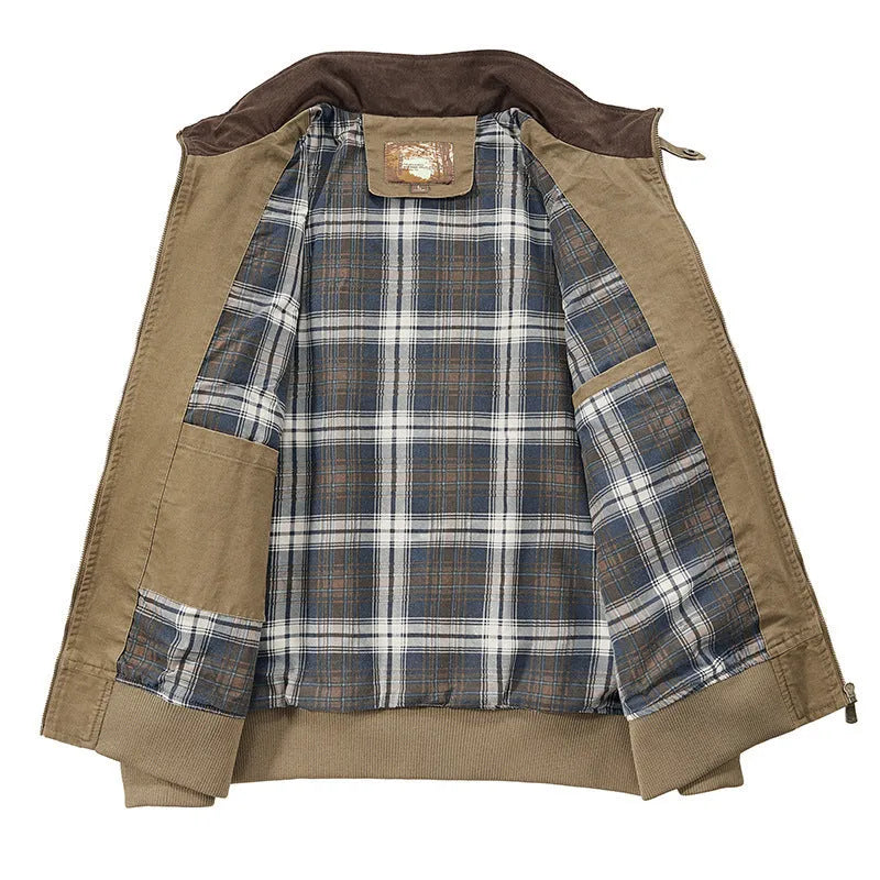 Men's beige washed cotton baseball jacket shown on a model, plus sizes up to 5XL.