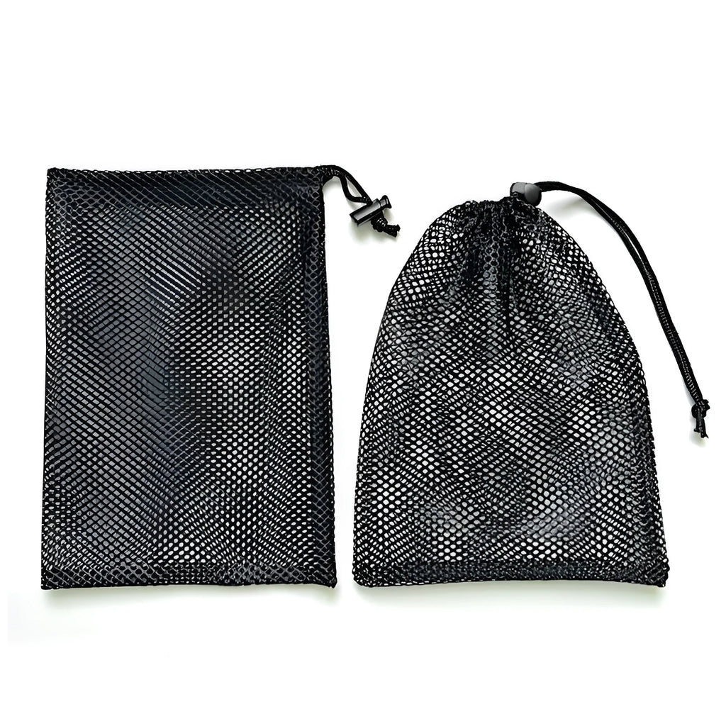 Black mesh drawstring storage bag for children's water ball toys in three sizes.