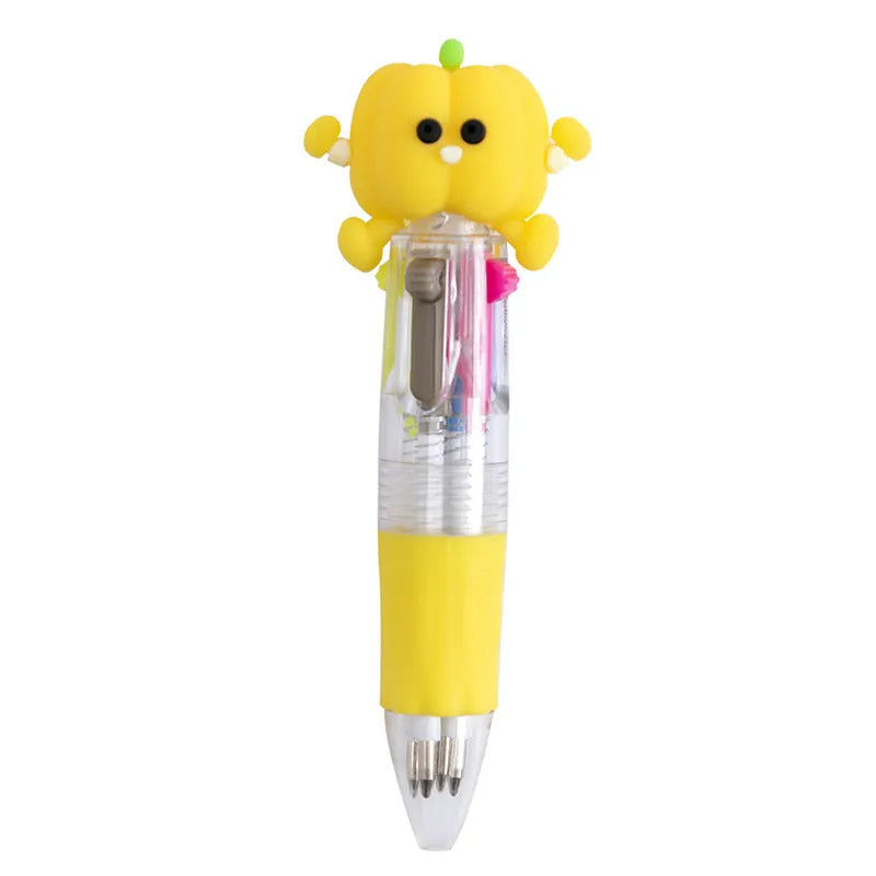 Four-colour press ballpoint pen with random cartoon design and silicone grip.