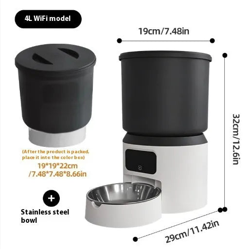 4-litre smart pet feeder with LCD display, food bowl, and optional camera on top.