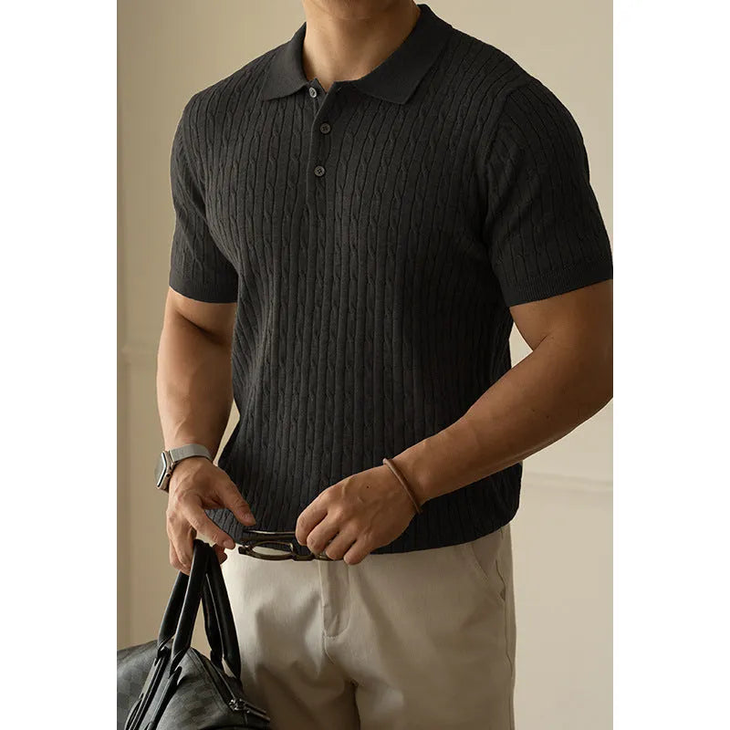 Men's short sleeve casual polo top in khaki colour, laid flat to show design.