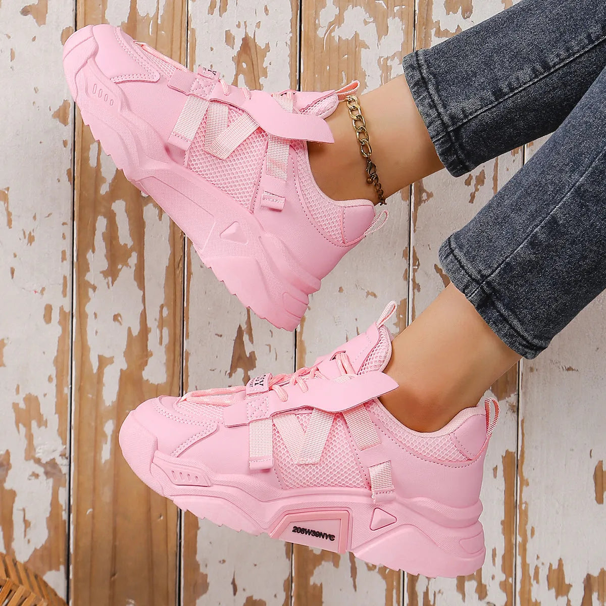 Women's purple platform mesh dad shoes with lace-up front and thick sole.