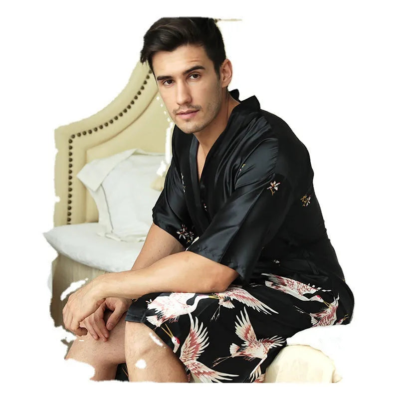 Men's mid-length artificial silk nightgown in cardigan style, black, front view