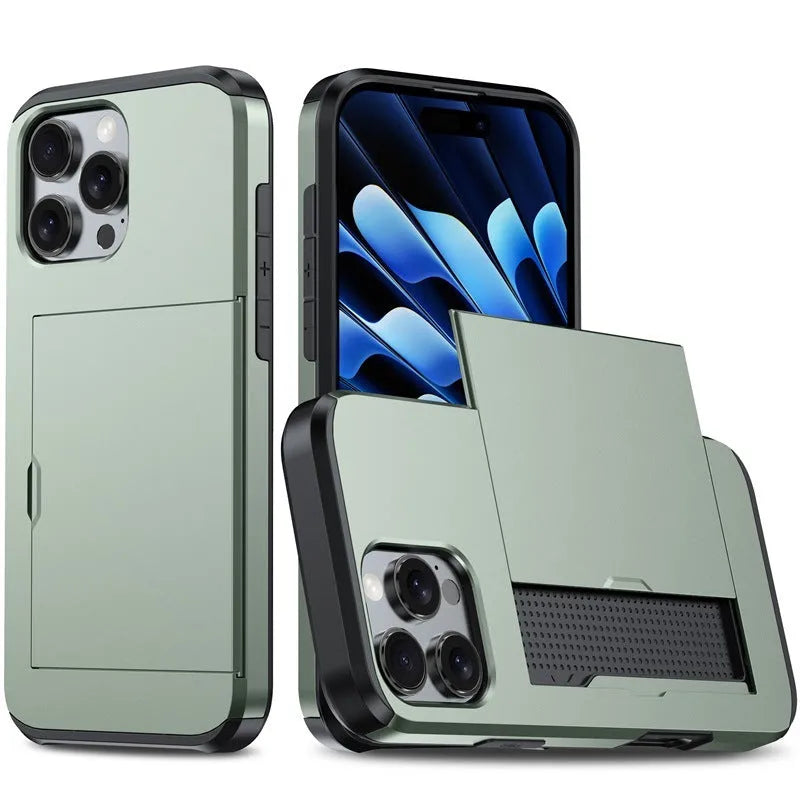 Two-in-one mobile phone case with sliding card holder for iPhone 16, TPU PC anti-drop protective case, available in Black