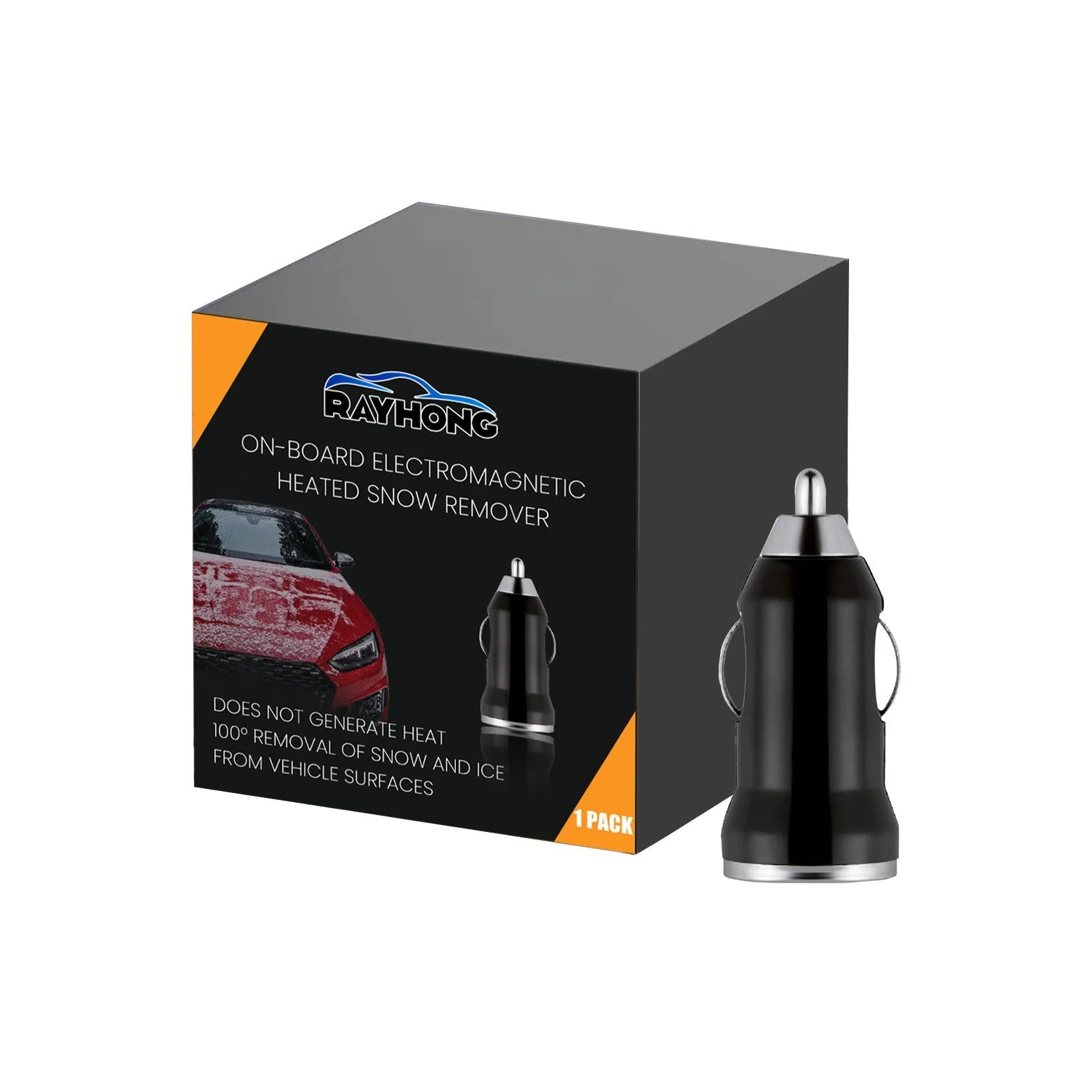 Black portable car snow melting tool and deicer charger measuring 5.5 by 2.3 centimetres