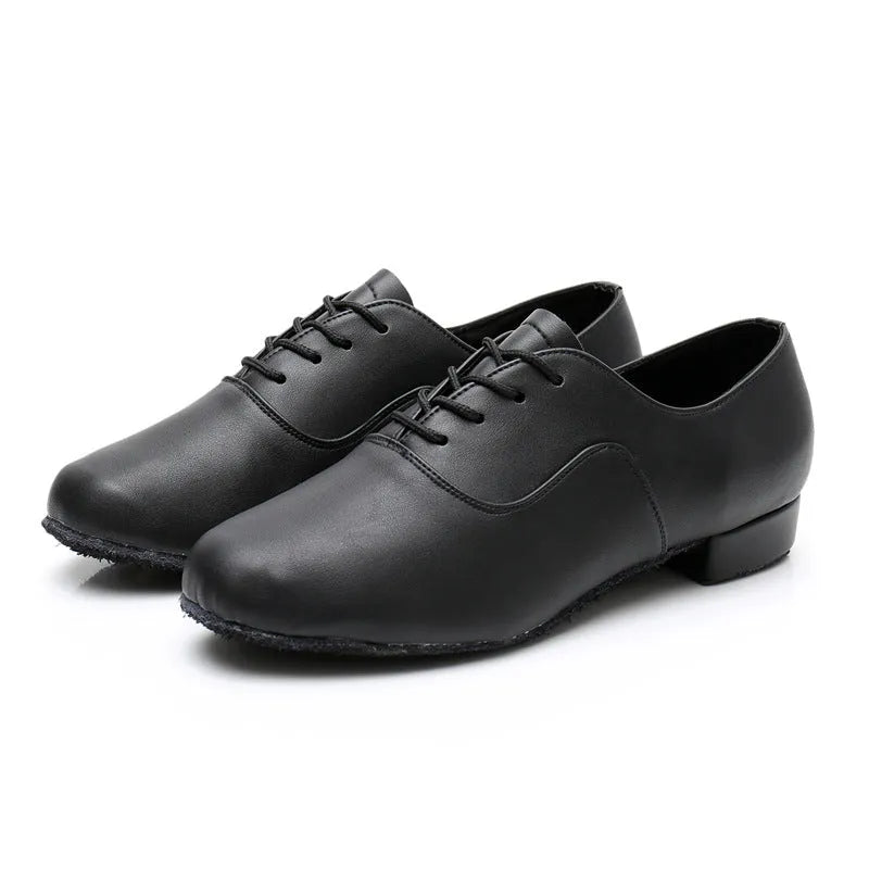 Men's black indoor dancing shoes with a calf leather sole and synthetic leather upper