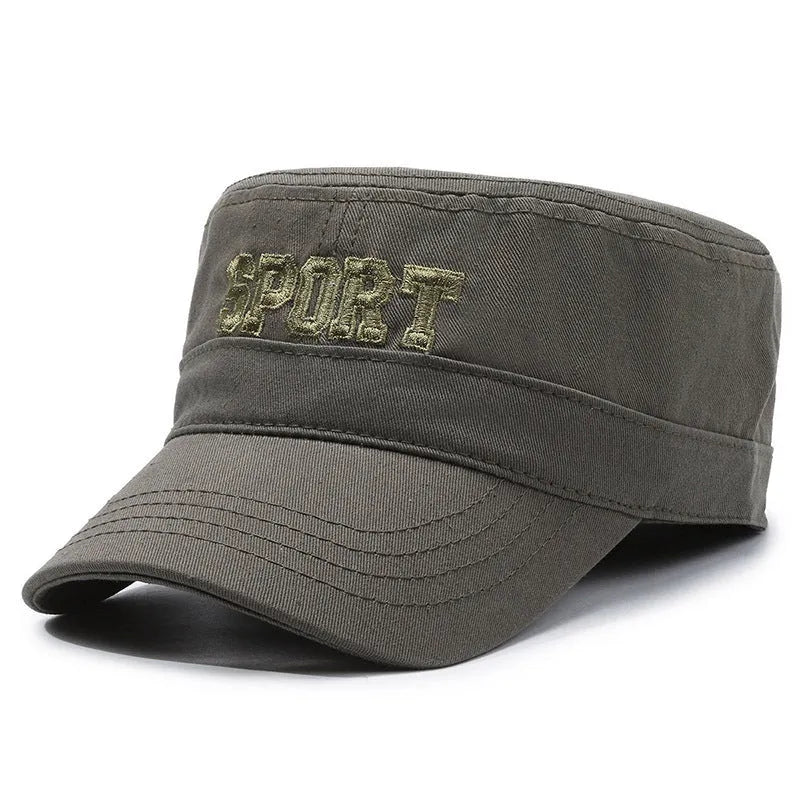Men's flat-top peaked cap in cotton with adjustable strap, shown in army green colour.