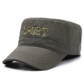 Men's flat-top peaked cap in cotton with adjustable strap, shown in army green colour.