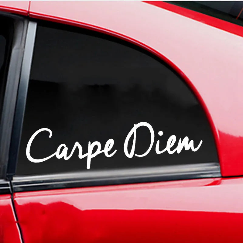 CARPE DIEM car sticker in white or black, adhesive text decal measuring 20.3 cm by 5 cm