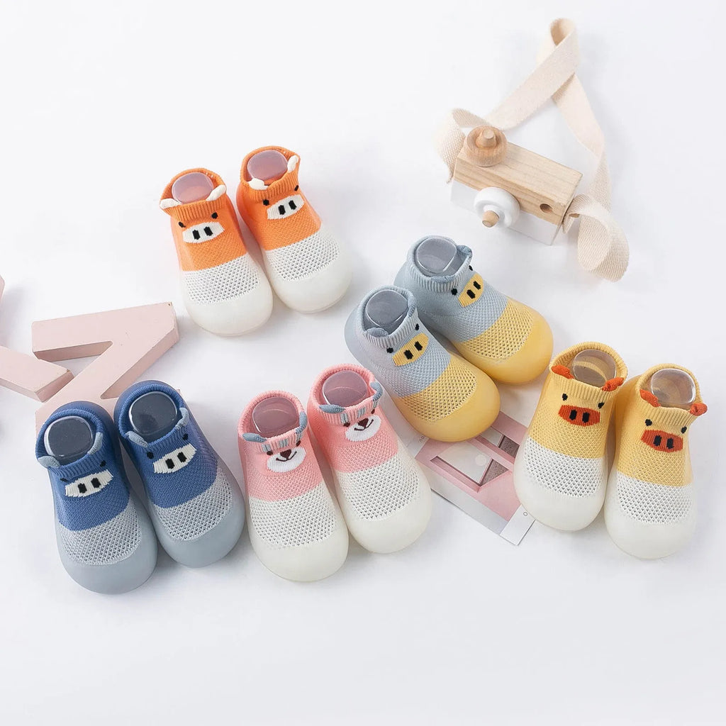 Baby toddler shoes with breathable net upper and non-slip rubber sole in yellow pink orange grey blue