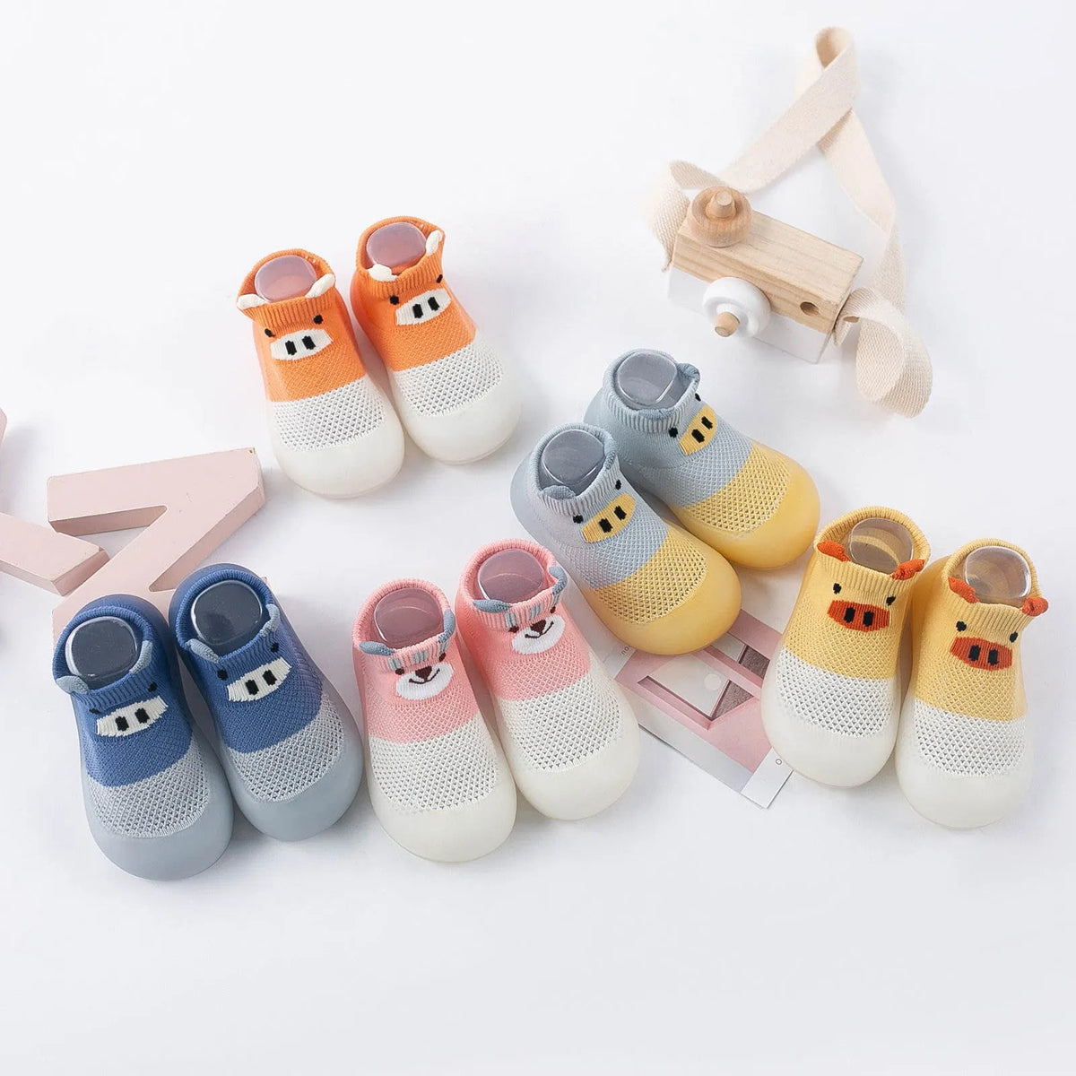 Baby toddler shoes with breathable net upper and non-slip rubber sole in yellow pink orange grey blue