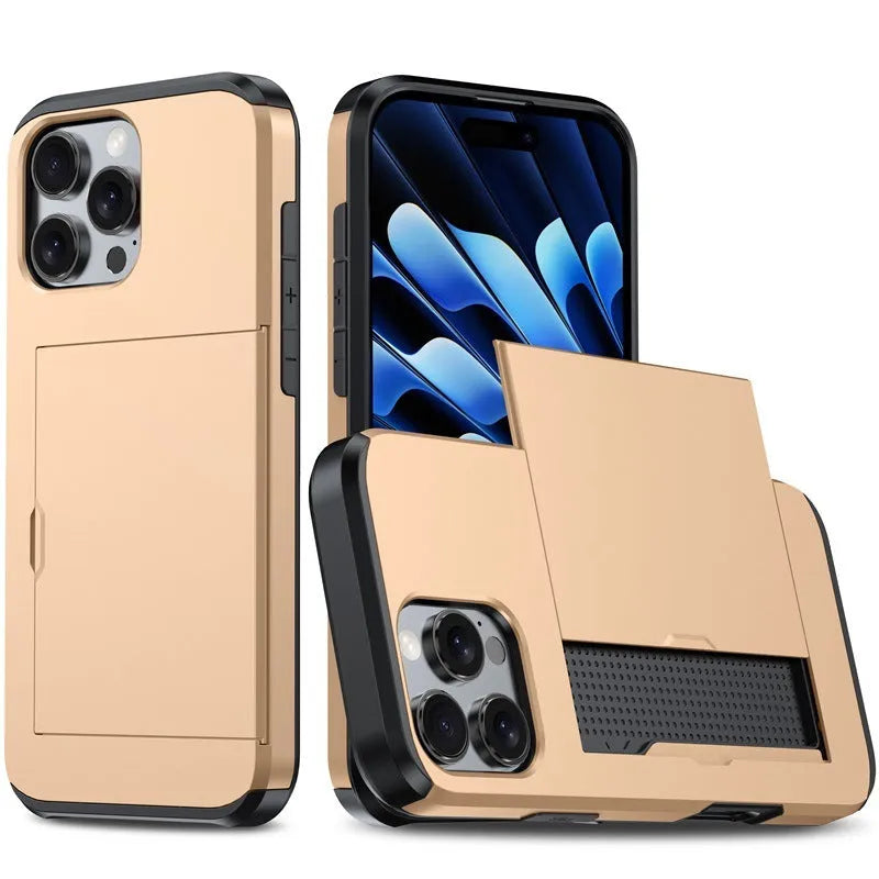 Two-in-one mobile phone case with sliding card holder for iPhone 16, TPU PC anti-drop protective case, available in Black