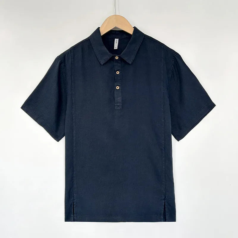 Men's linen summer top with thin lapels and short sleeves in loose fit
